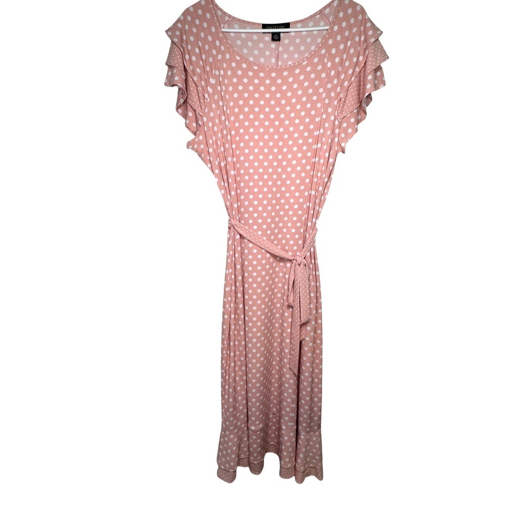 Perceptions Pink Polka Dot Dress Womens XL Flutter Sleeve Tie Waist Ruffle NWOT